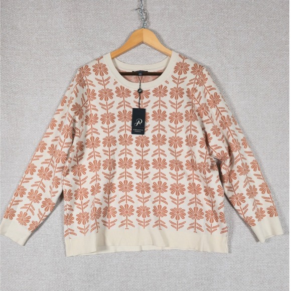 Adrianna Papell Womens 2X Floral Jacquard Knit Sweater Cream Amber NWT - Picture 1 of 9